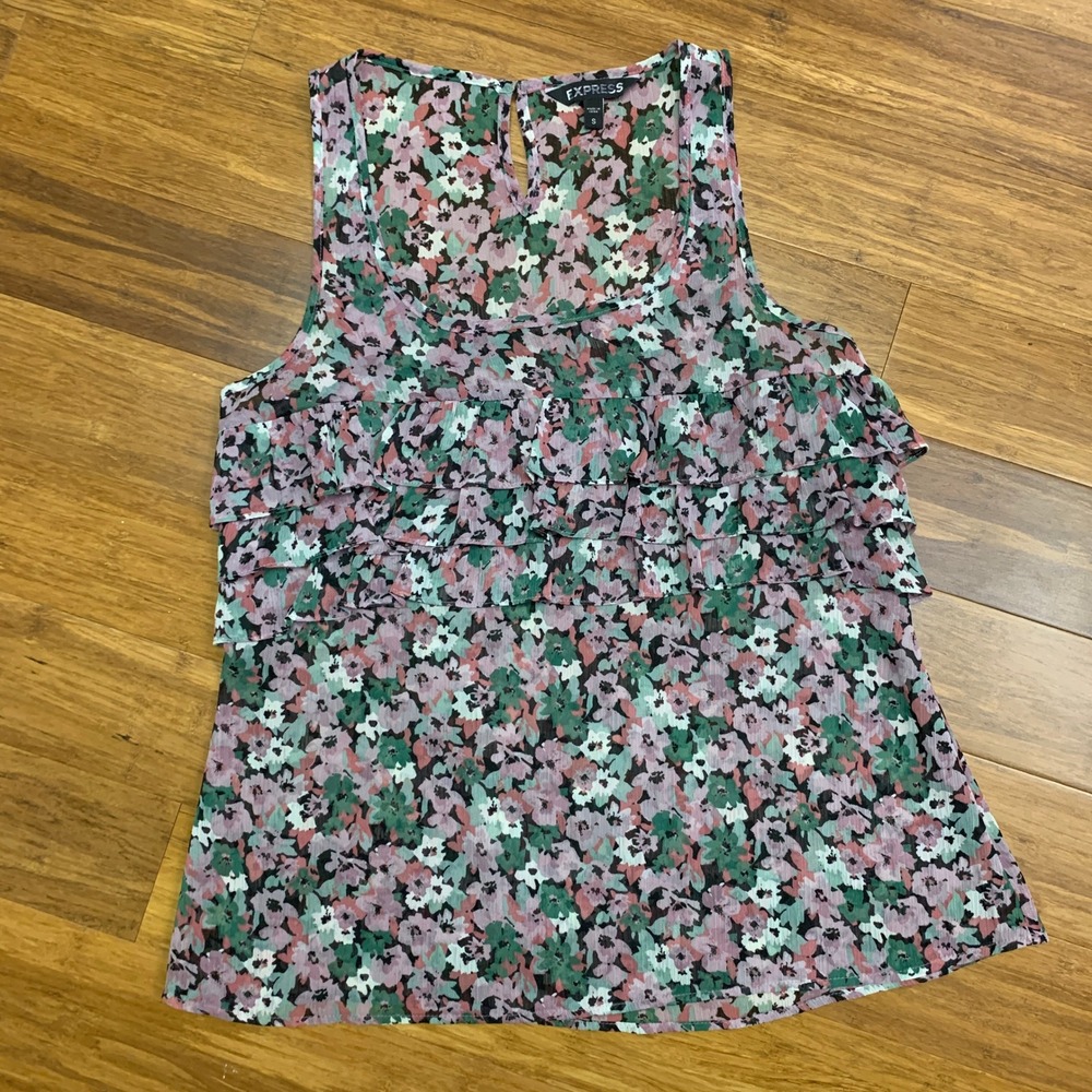 Express Floral Ruffle Tank Top‎ Womens Size Small Sleeveless Blouse Casual Cute